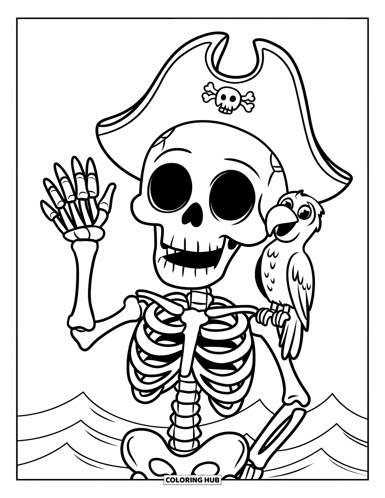 Desenho de Halloween para colorir para crianças: Um esqueleto alegre com um chapéu de pirata levanta uma mão em uma saudação divertida