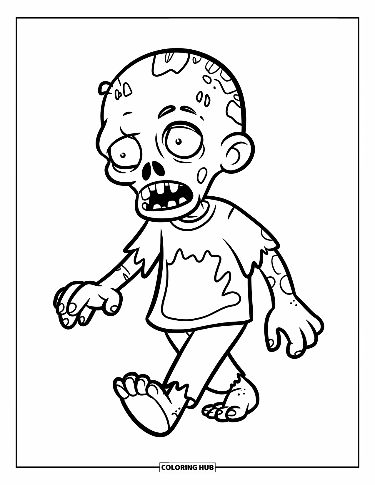 Desenho de Halloween para colorir para crianças: Um zumbi alegre cambaleia para frente com os braços estendidos em uma pose divertida