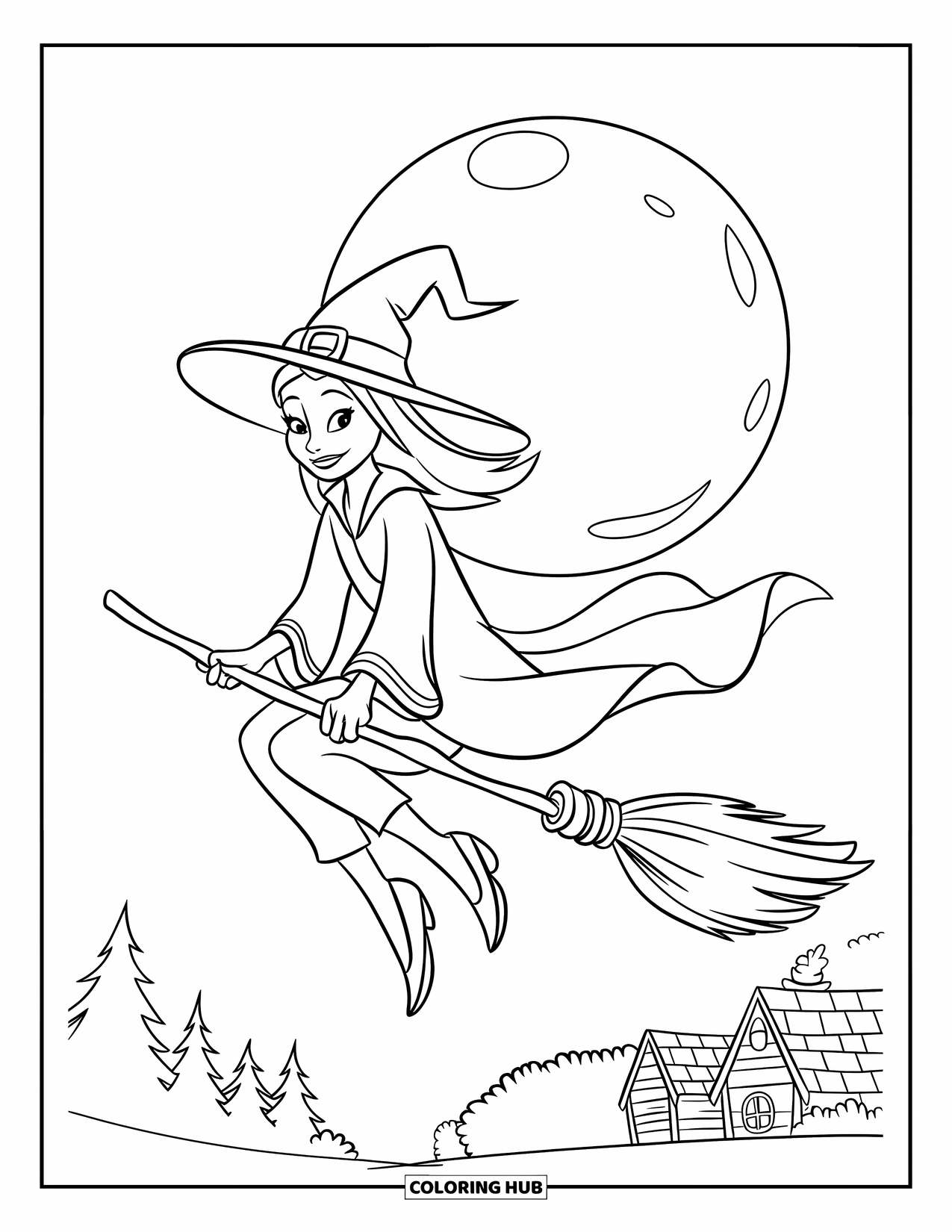Desenho de Halloween para colorir para crianças: Uma casa assombrada com telhado torto fica sob o luar, cercada por uma cerca desgastada