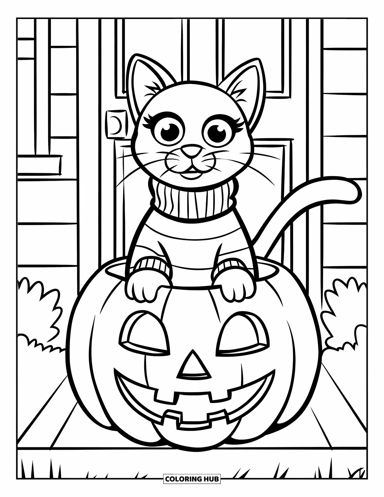 Desenho de Halloween para colorir para crianças: Um gato preto curioso espreita de dentro de uma abóbora sorridente em uma soleira silenciosa