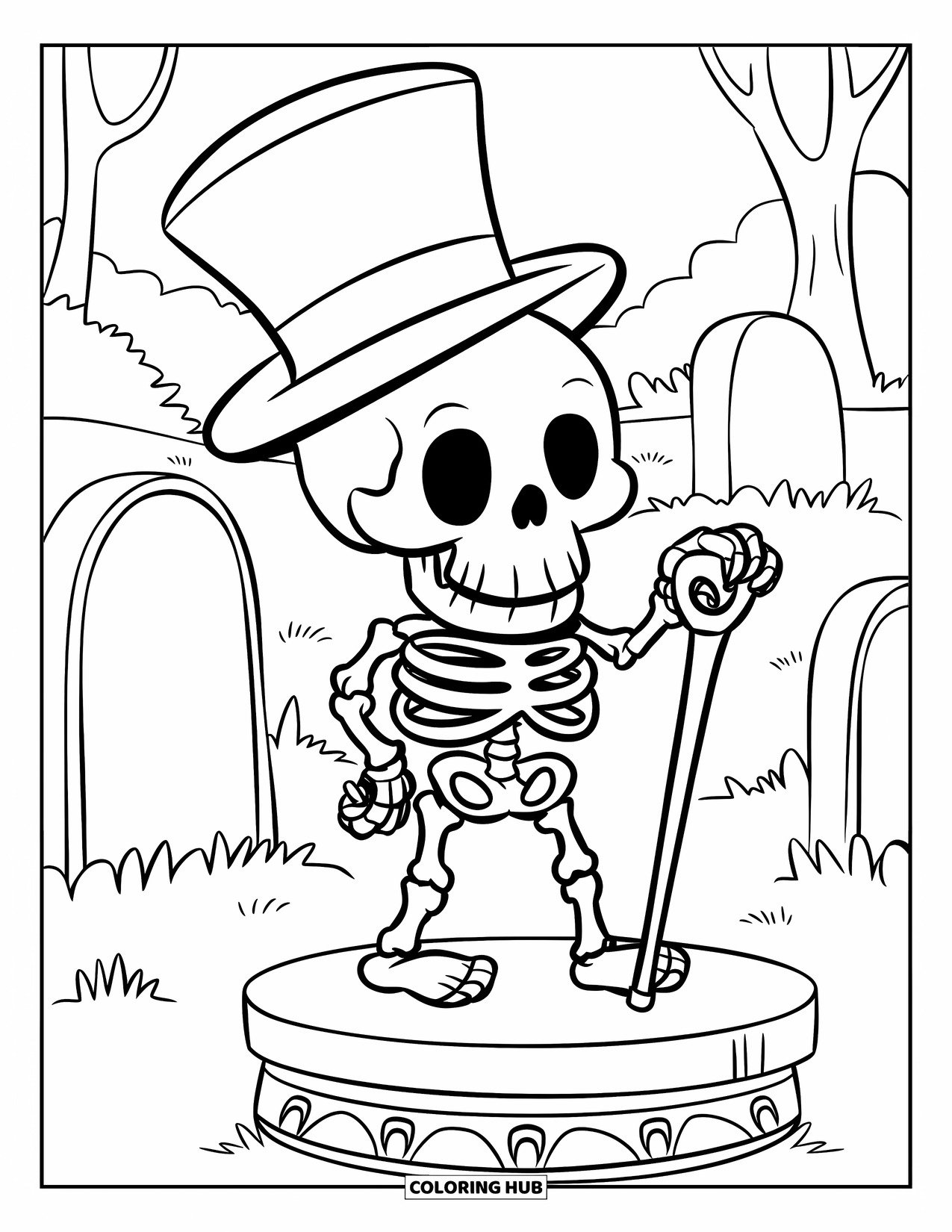 Desenho de Halloween para colorir para crianças: Um esqueleto elegante de cartola fica orgulhosamente com uma bengala em um cemitério iluminado pelo luar