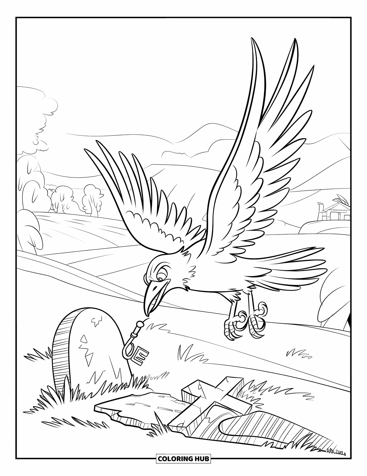 Desenho de Halloween para colorir para crianças: Um corvo de penas escuras segura uma chave enquanto voa em direção a um túmulo desgastado