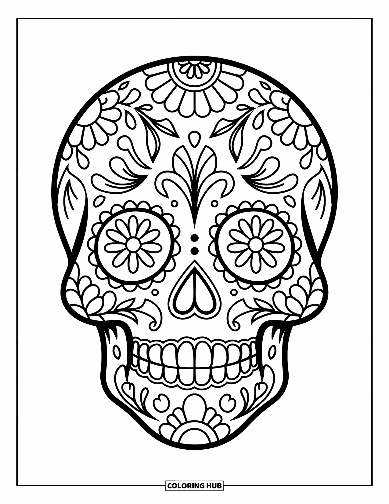 Desenho de Halloween para colorir para crianças: Uma caveira de açúcar decorada é cercada por elementos e padrões florais góticos