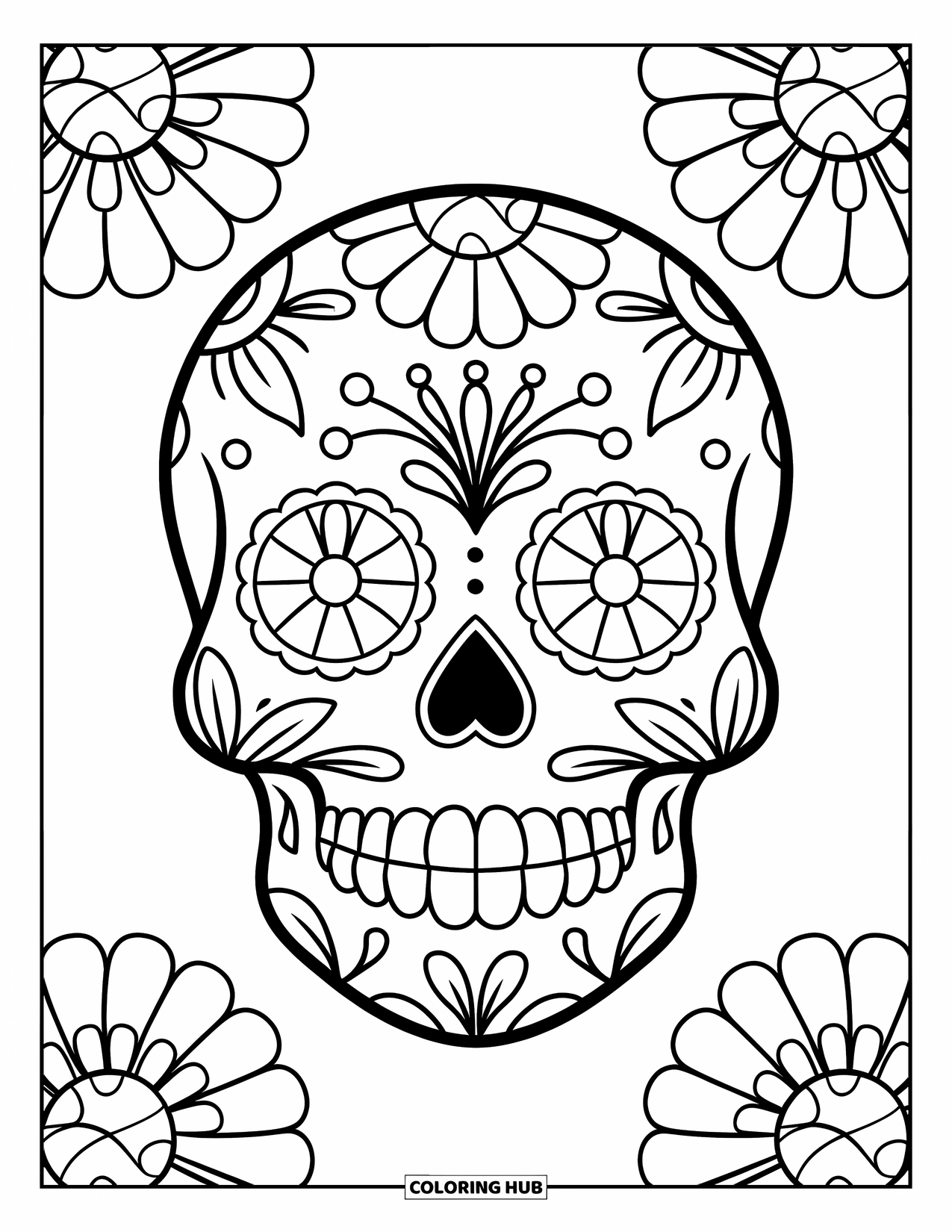 Desenho de Halloween para colorir para crianças: Uma caveira de açúcar detalhada com flores grandes e vinhas rodopiantes preenche o desenho