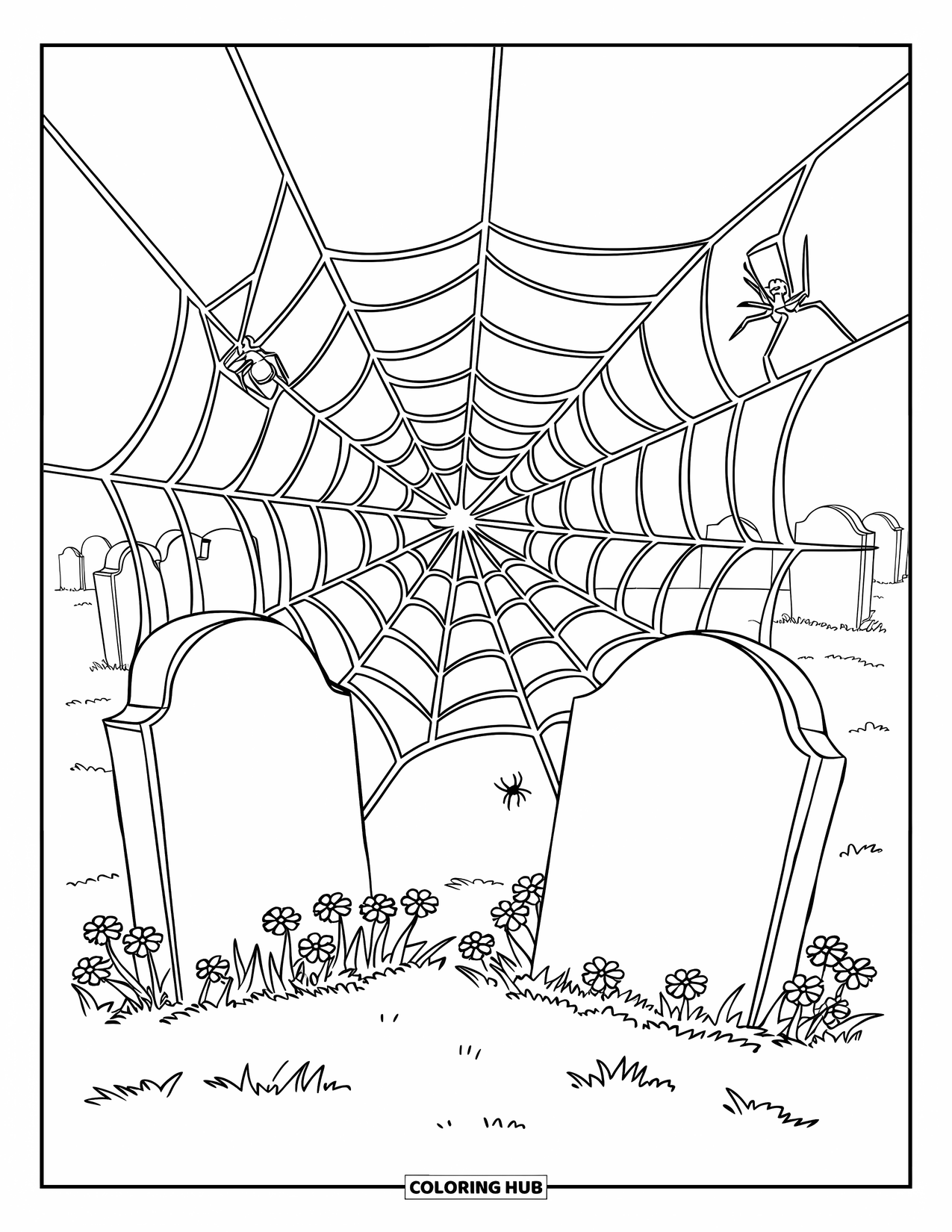 Desenho de Halloween para colorir para crianças: Algumas aranhas rastejam por uma teia conectando duas lápides em um cemitério tranquilo