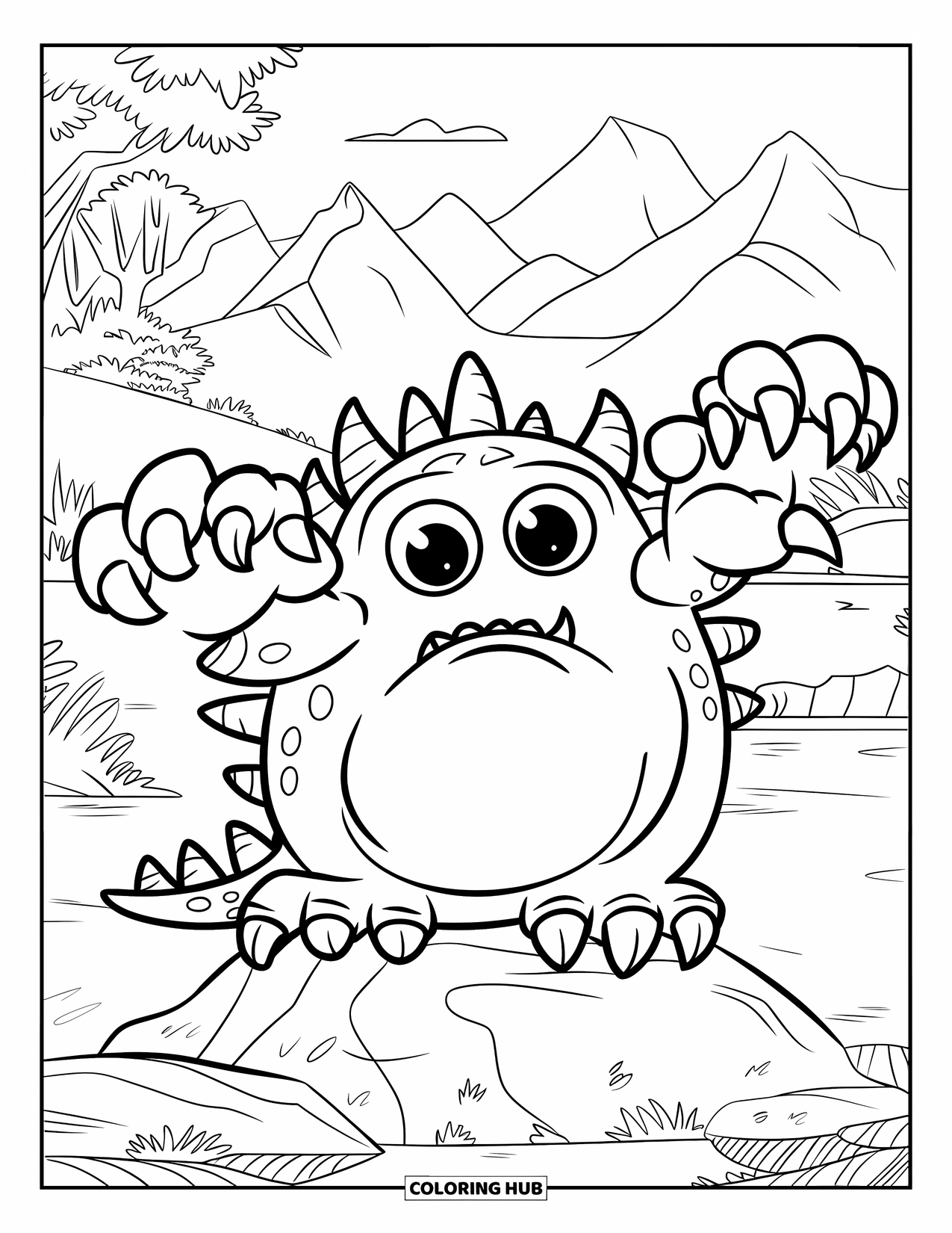 Desenho de Halloween para colorir para crianças: Um monstro feroz com chifres pontudos e olhos brilhantes estende a mão com garras longas
