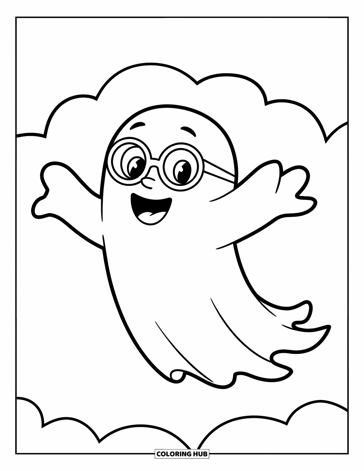 Desenho de Halloween para colorir para crianças: Um fantasma flutuante com óculos redondos e uma camisa listrada acena alegremente no ar