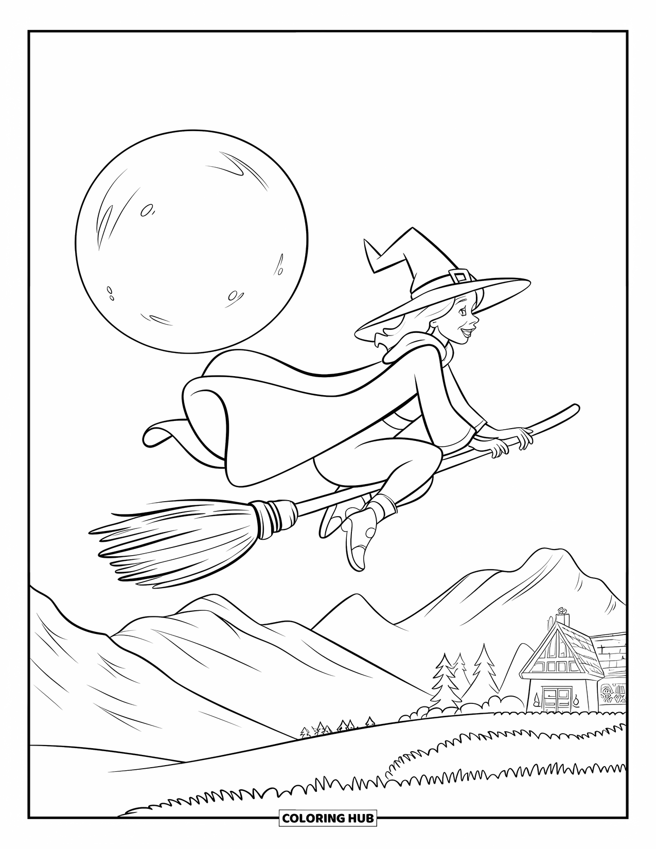 Desenho de Halloween para colorir para crianças: Uma bruxa voadora com uma capa esvoaçante segura sua vassoura sob um céu estrelado