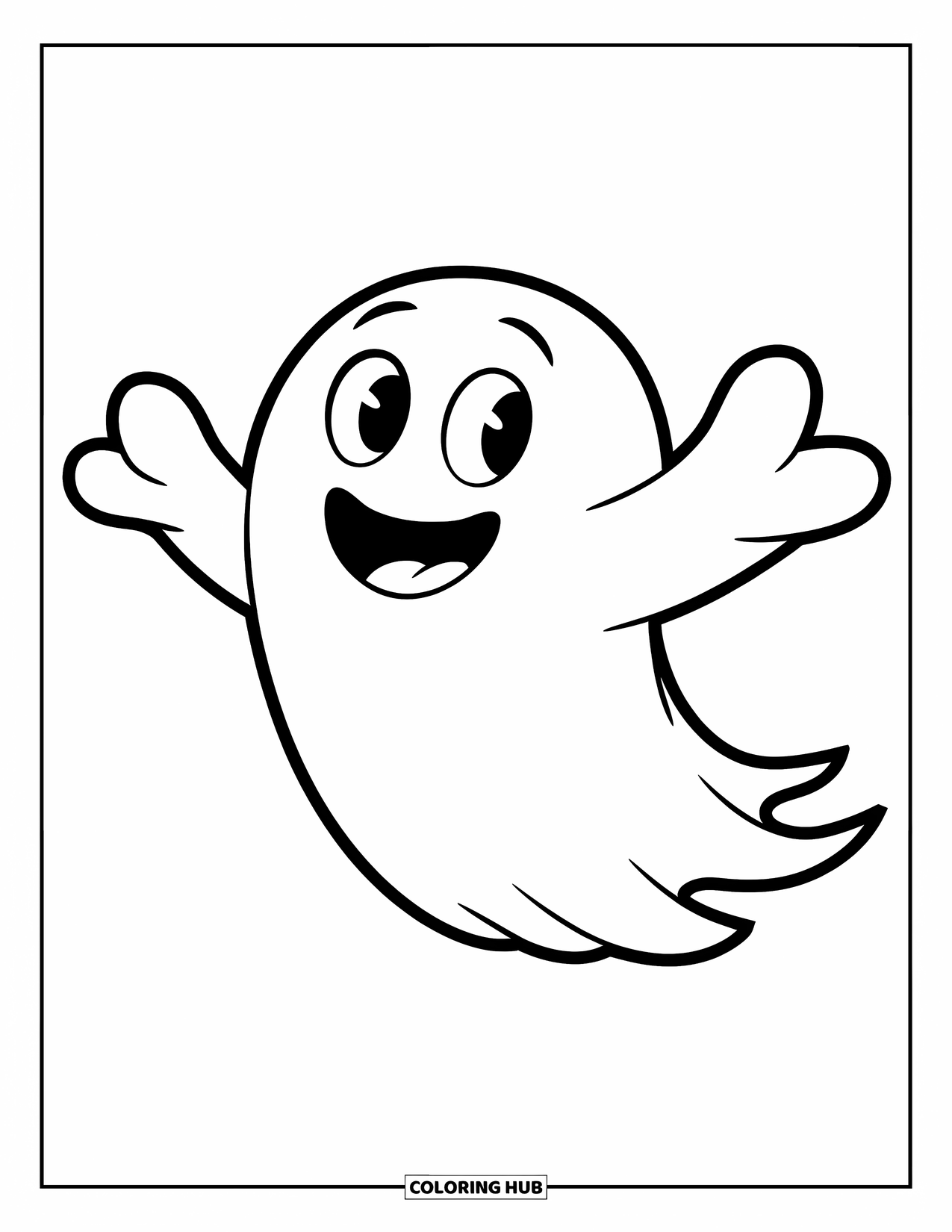 Desenho de Halloween para colorir para crianças: Um fantasma amigável com olhos grandes e braços estendidos flutua alegremente pelo céu