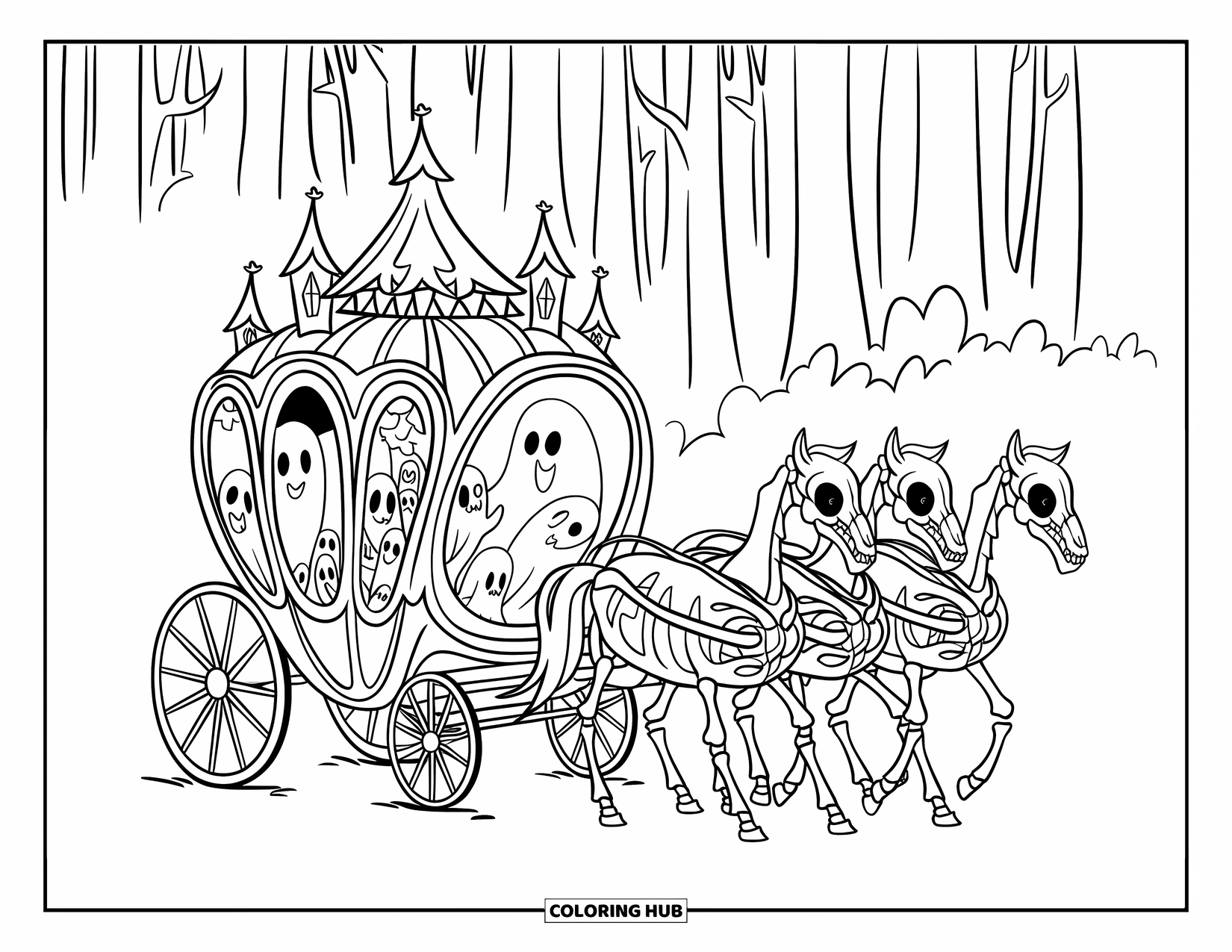 Desenho de Halloween para colorir para crianças: Uma carruagem fantasmagórica puxada por cavalos esqueléticos desliza por uma floresta escura e nebulosa