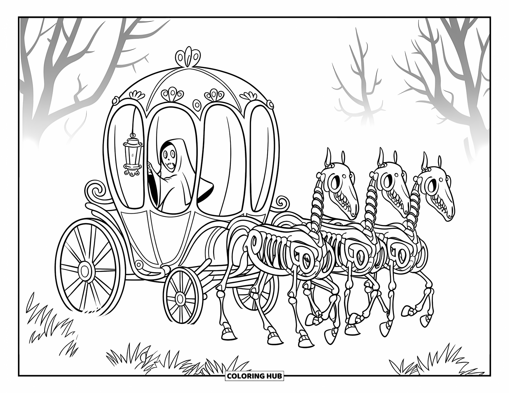 Desenho de Halloween para colorir para crianças: Uma figura fantasmagórica segurando uma lanterna anda em uma carruagem assombrada puxada por cavalos esqueléticos