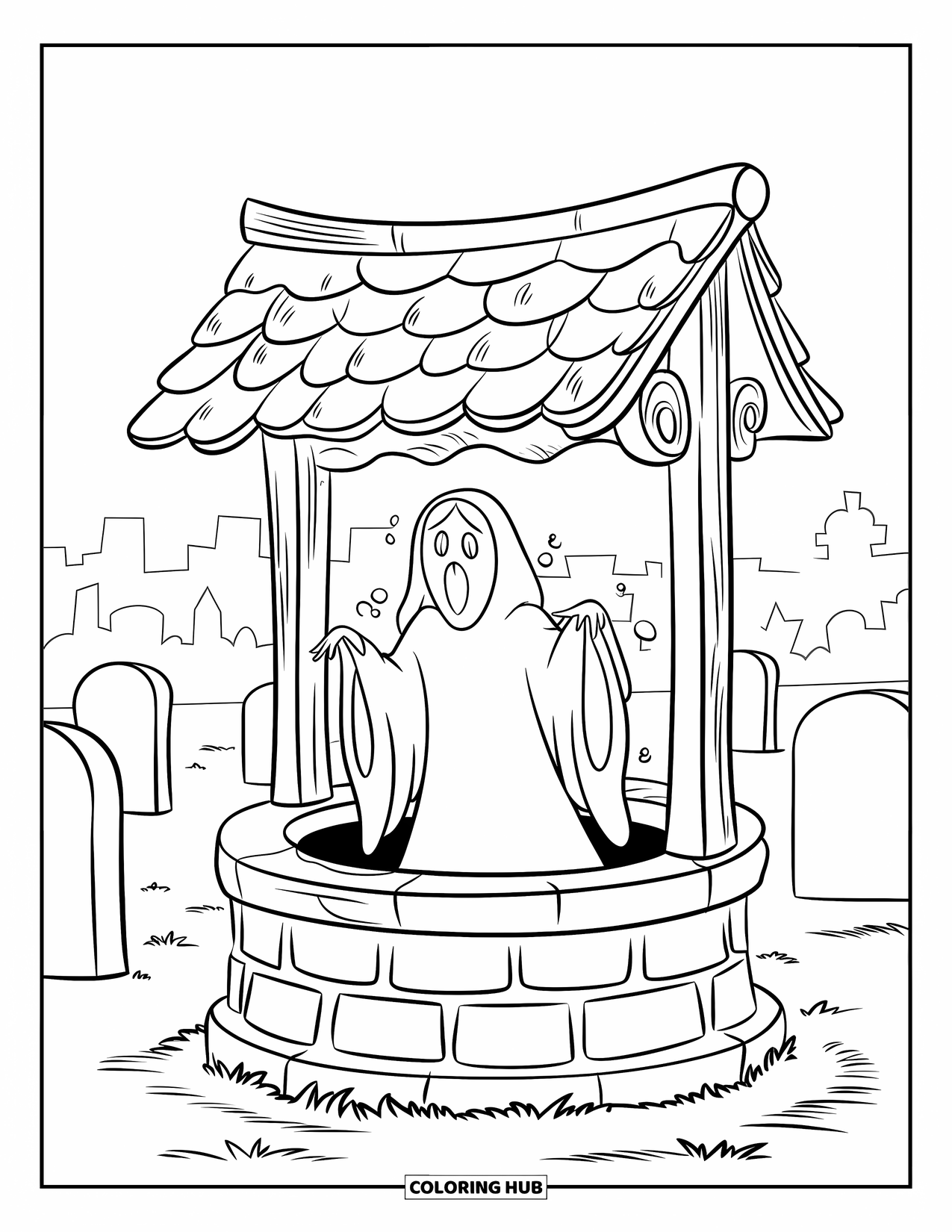 Desenho de Halloween para colorir para crianças: Uma figura fantasmagórica com cabelos longos emerge de um poço antigo, cercada por uma névoa espessa