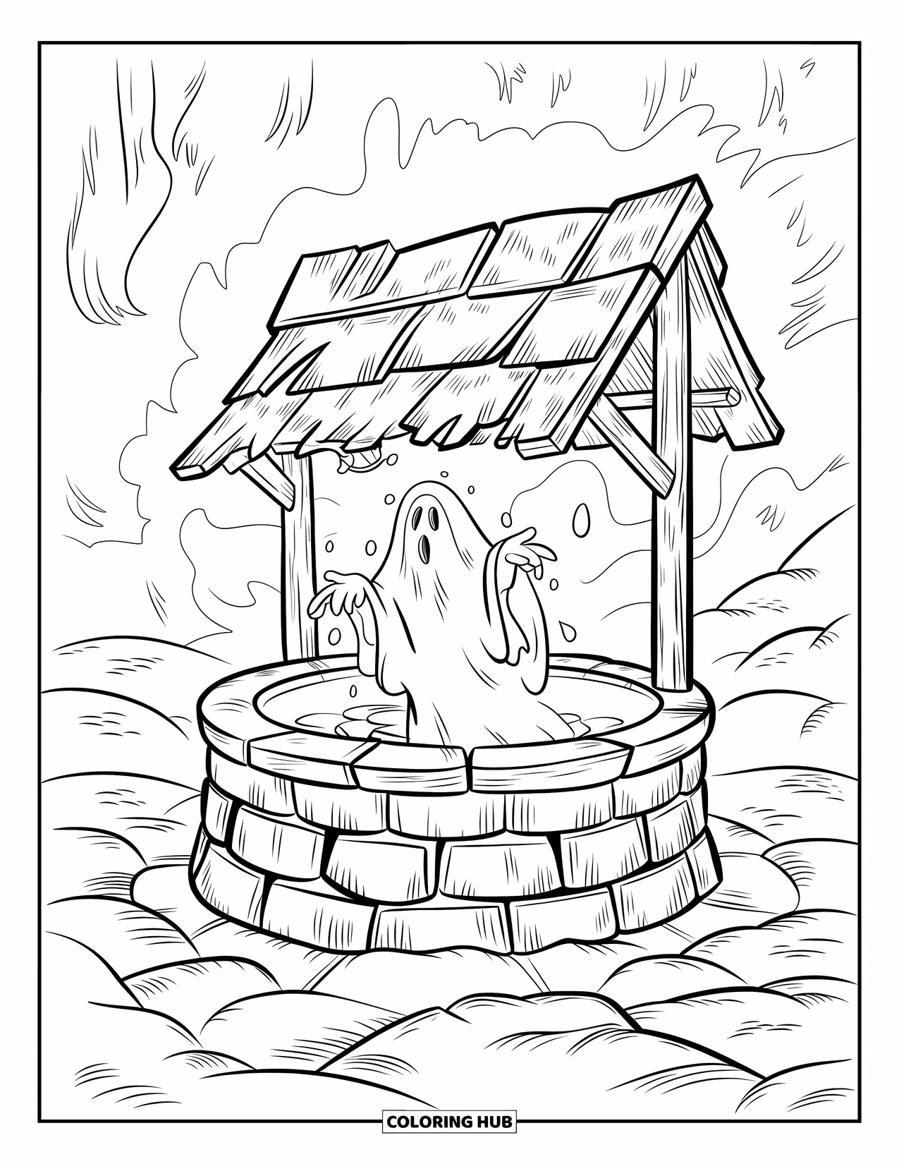 Desenho de Halloween para colorir para crianças: Uma mulher fantasmagórica com um vestido esfarrapado emerge de um poço de pedra em uma paisagem rochosa
