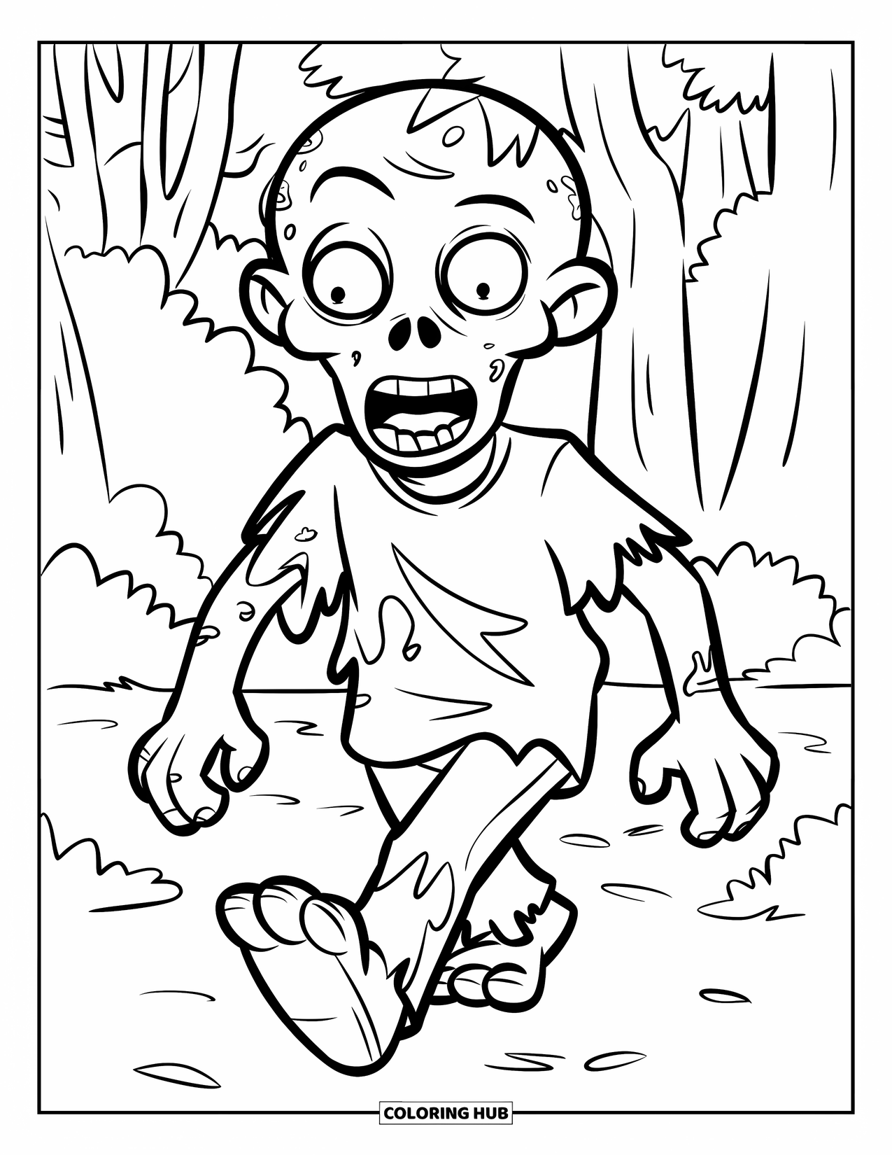 Desenho de Halloween para colorir para crianças: Um zumbi bobo com roupas esfarrapadas marcha por uma floresta exuberante com um grande sorriso