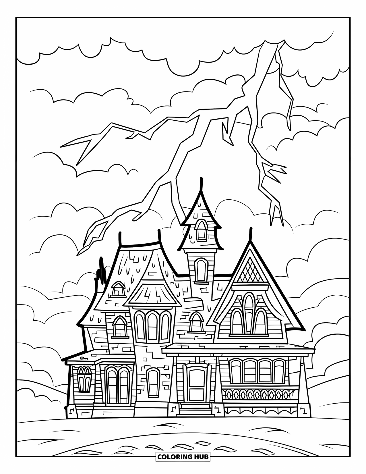Desenho de Halloween para colorir para crianças: Uma mansão gótica com gárgulas e telhados pontudos fica sob um céu cheio de relâmpagos