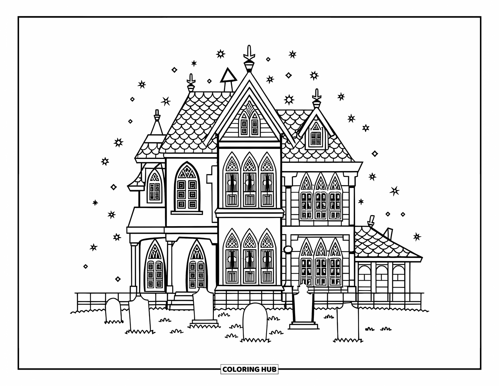 Desenho de Halloween para colorir para crianças: Uma grande mansão assombrada com janelas arqueadas e lápides fica sob um céu noturno