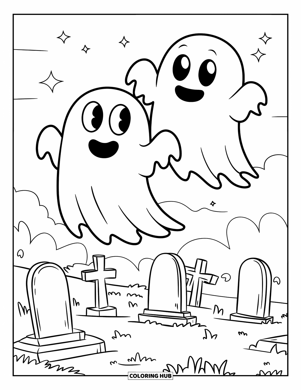 Desenho de Halloween para colorir para crianças: Um monstro sorridente com chifres grossos e uma camisa amarela está em um campo gramado