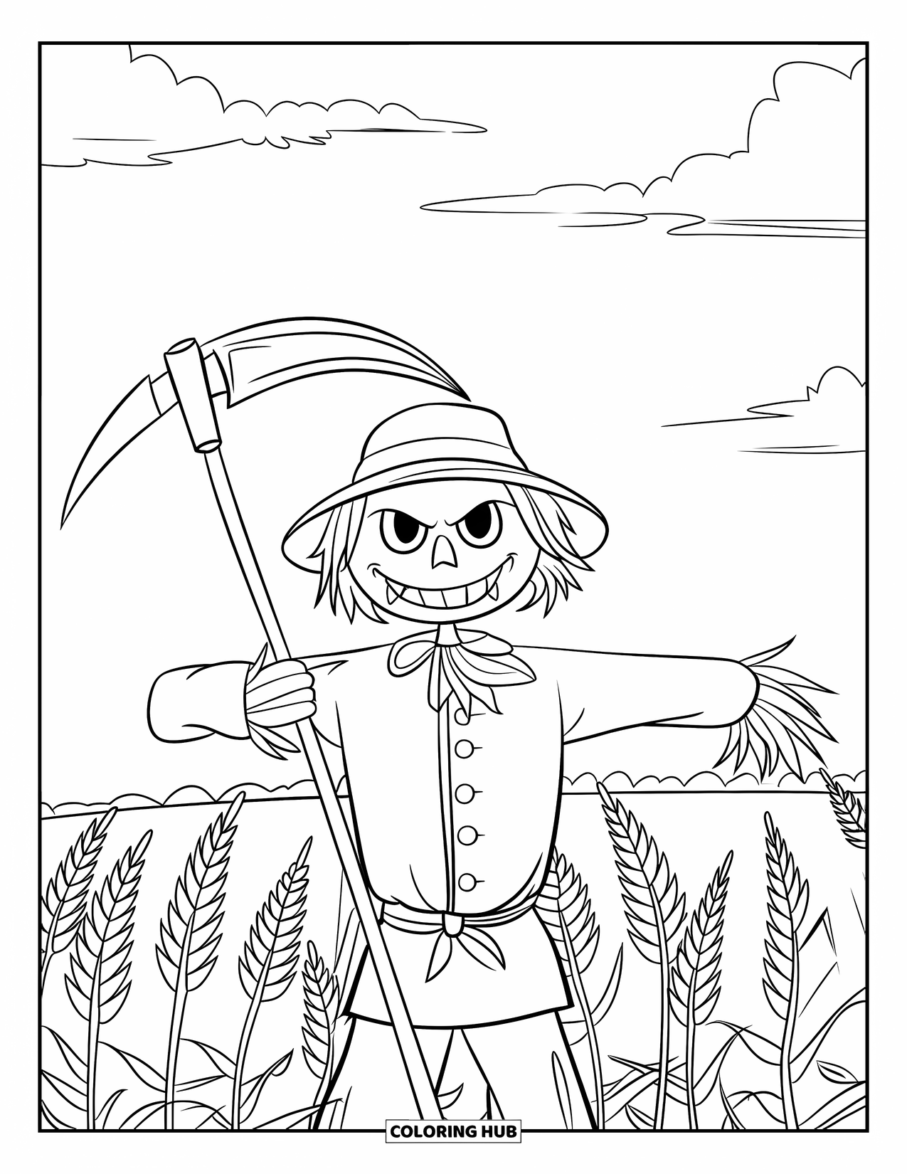 Desenho de Halloween para colorir para crianças: Um espantalho sorridente segura uma foice enquanto está em um campo de plantações sinistras e ondulantes