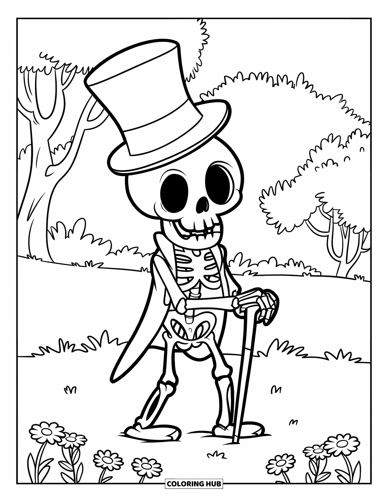 Desenho de Halloween para crianças: Um esqueleto sorrindo de cartola posa com uma bengala em um cemitério cheio de lápides