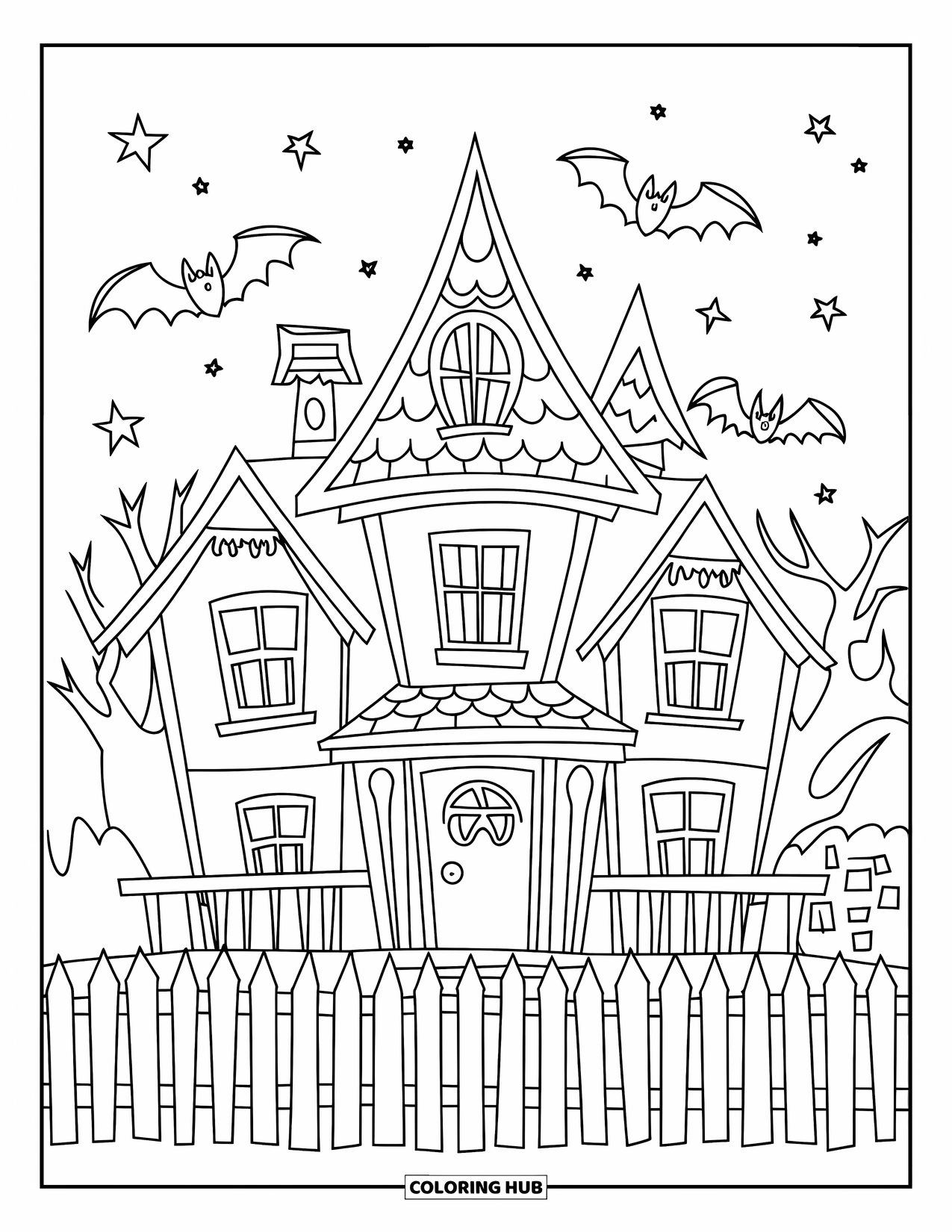 Desenho de Halloween para colorir para crianças: Uma casa assombrada com um telhado pontudo e uma cerca rangente fica sob um céu cheio de morcegos