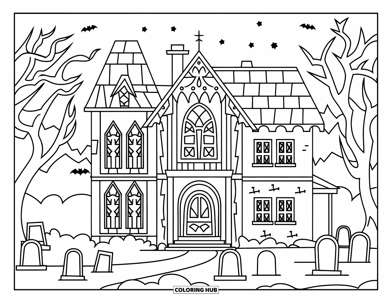 Desenho de Halloween para colorir para crianças: Uma mansão assombrada com janelas góticas fica perto de um cemitério sob um céu noturno estrelado