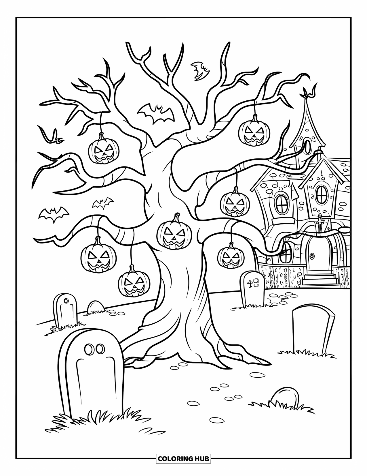 Desenho de Halloween para colorir para crianças: Uma árvore assombrada em um cemitério segura abóboras esculpidas enquanto morcegos voam por perto