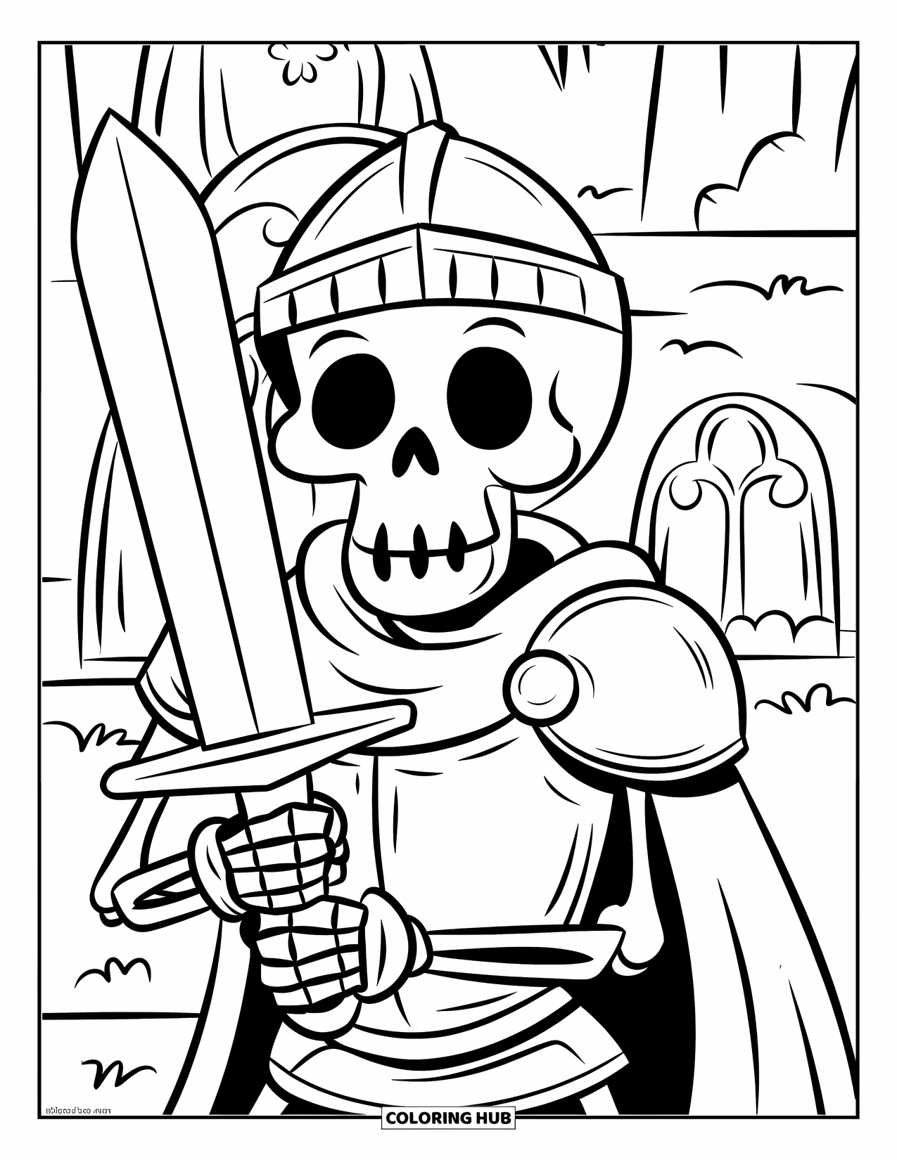 Desenho de Halloween para colorir para crianças: Um cavaleiro esqueleto com capacete observa um cemitério cheio de lápides intrincadamente esculpidas