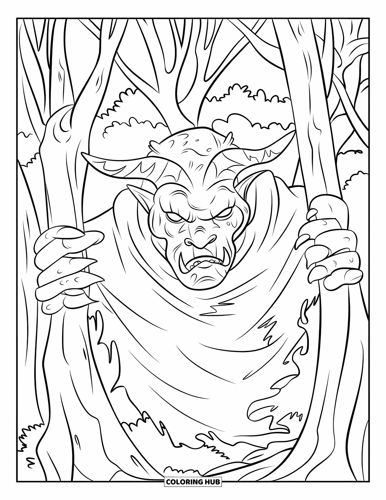 Desenho de Halloween para colorir para crianças: Uma criatura com chifres e olhos penetrantes espreita atrás das árvores em uma floresta densa e sombria