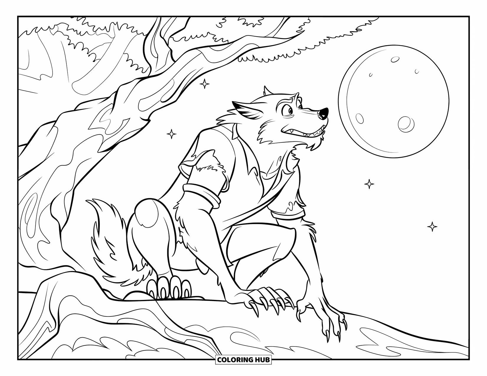 Desenho de Halloween para colorir para crianças: Um lobisomem curvado se agacha perto de uma árvore retorcida, olhando para a lua cheia brilhante