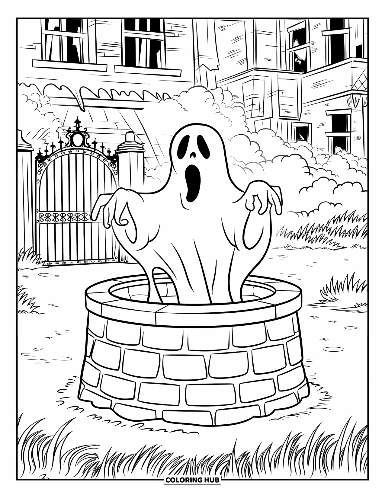 Desenho de Halloween para colorir para crianças: Uma figura enevoada emerge de um poço antigo perto de uma mansão assombrada com um portão enferrujado