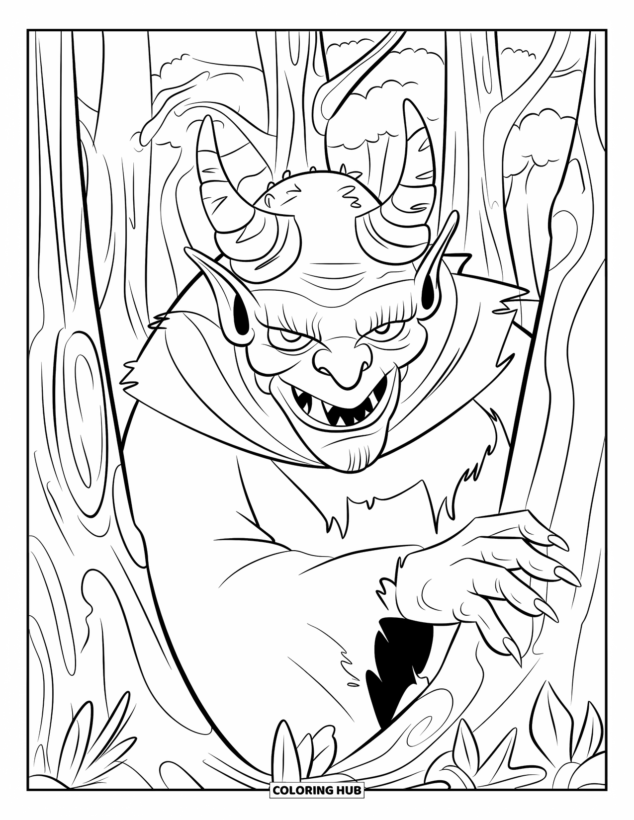 Desenho de Halloween para colorir para crianças: Uma figura monstruosa com chifres irregulares se esconde entre árvores altas, observando da escuridão