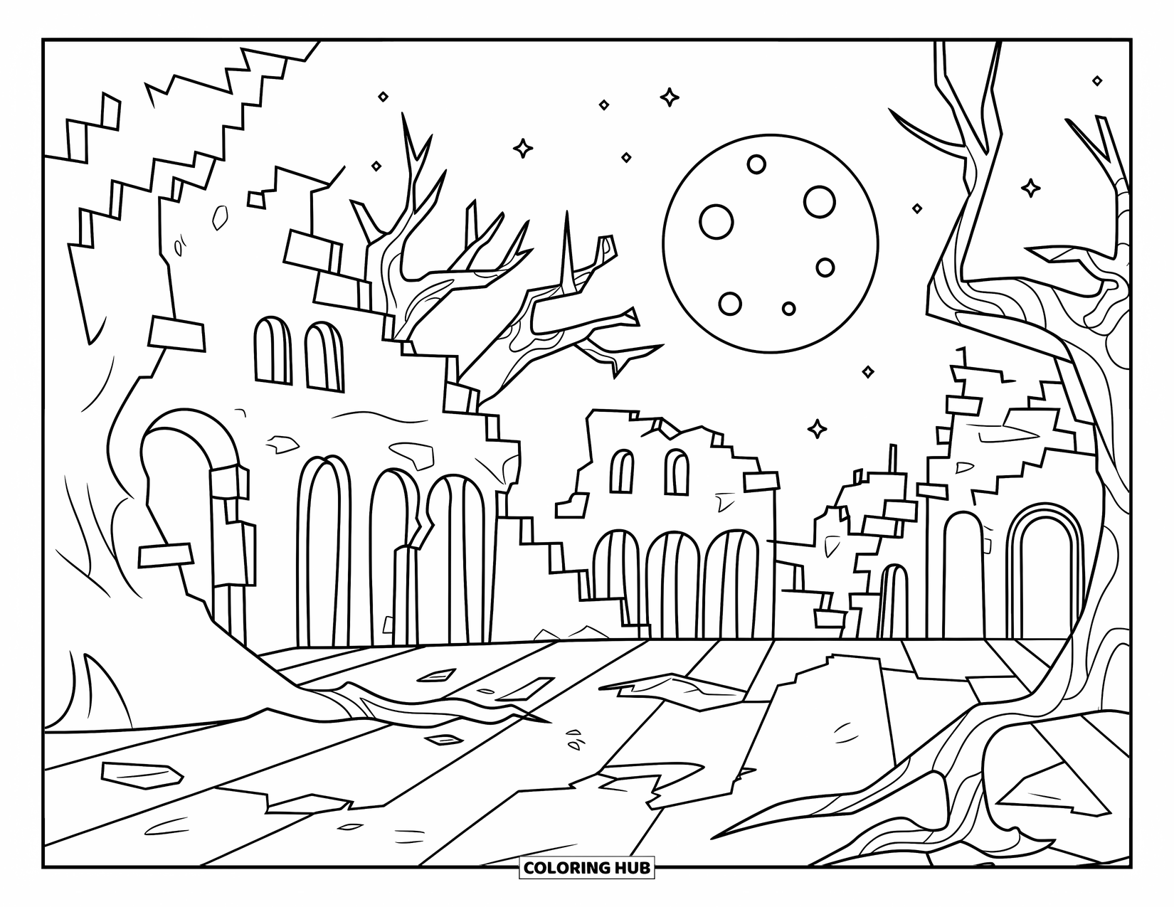 Desenho de Halloween para colorir para crianças: Uma vila iluminada pelo luar com edifícios em ruínas, árvores retorcidas e galhos caídos cria uma cena assustadora