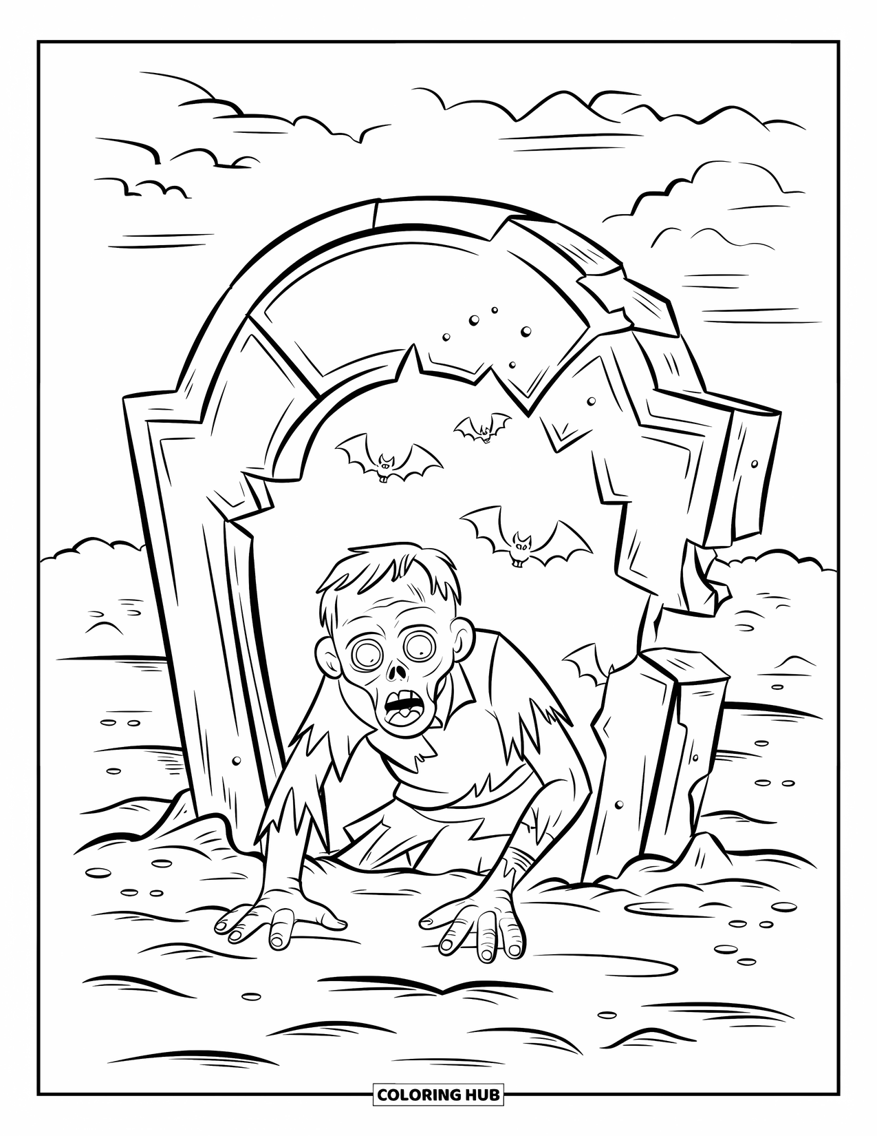 Desenho de Halloween para colorir para crianças: Um zumbi coberto de lama sai de sua sepultura enquanto morcegos se espalham pelo céu noturno