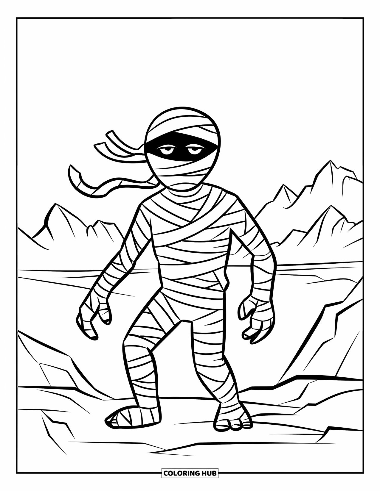 Desenho de Halloween para colorir para crianças: Uma múmia com bandagens esvoaçantes está em terreno rochoso sob um céu nublado
