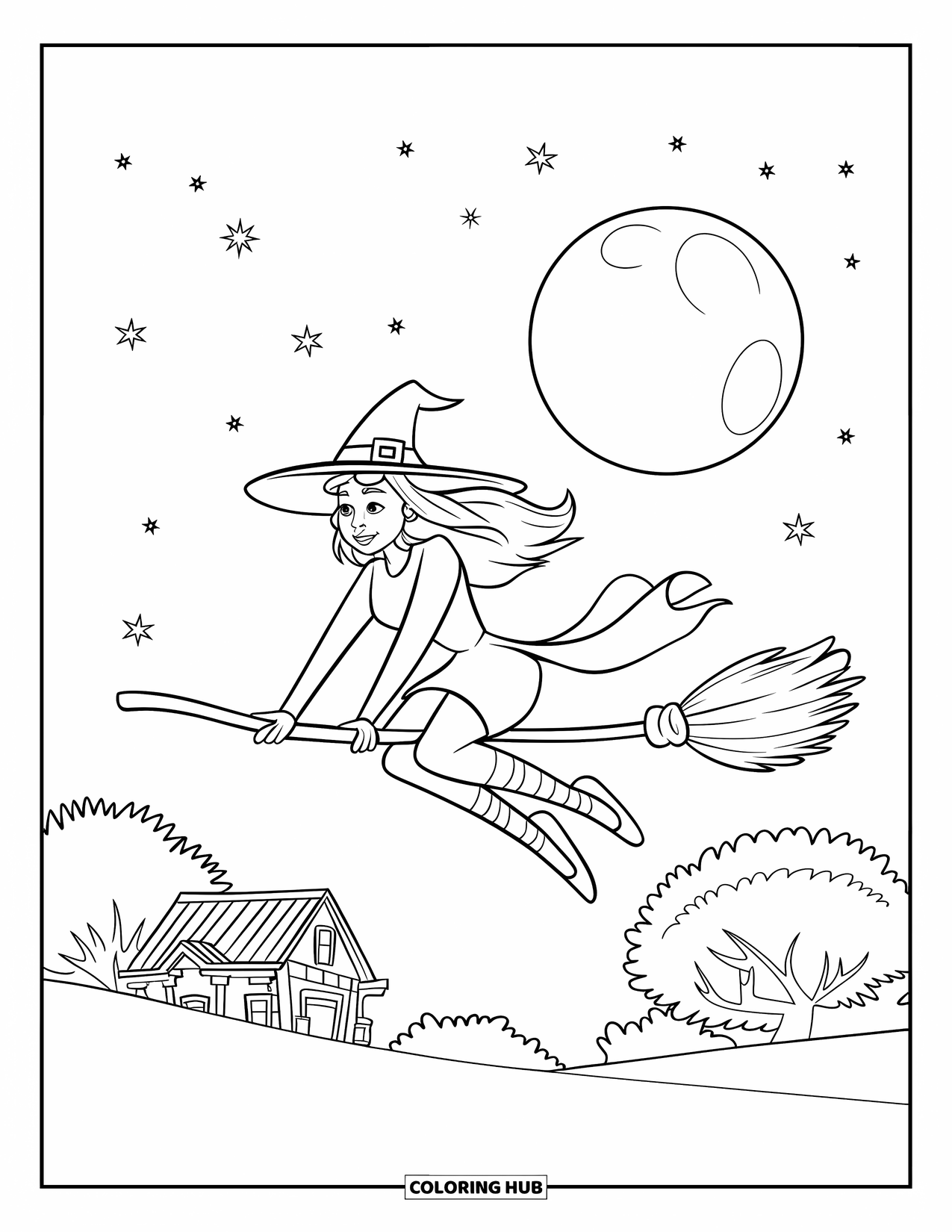 Desenho de Halloween para crianças: Uma bruxa de chapéu pontudo voa em sua vassoura, silhuetada contra a lua brilhante