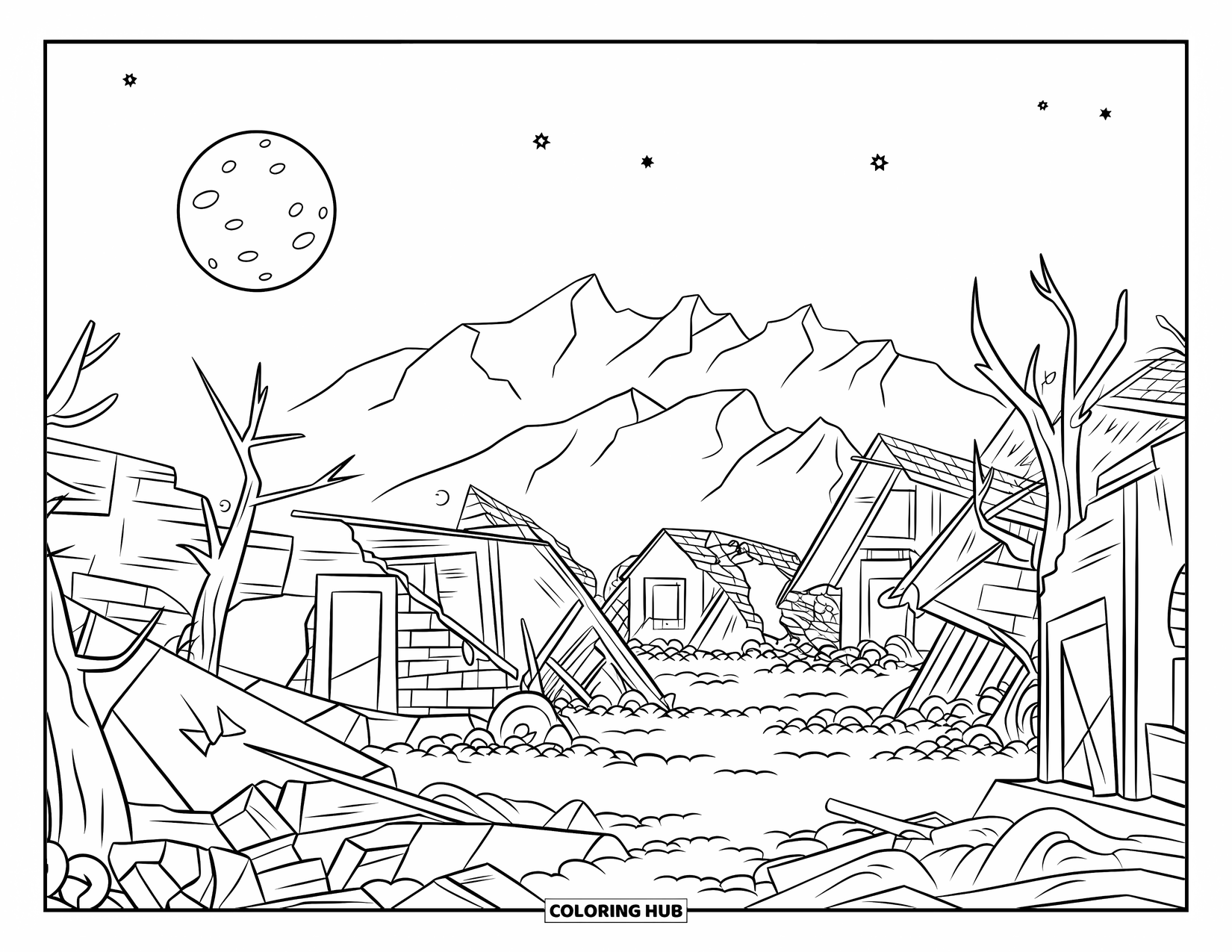 Desenho de Halloween para colorir para crianças: Uma vila em ruínas com janelas quebradas e árvores retorcidas repousa sob uma lua cheia brilhante