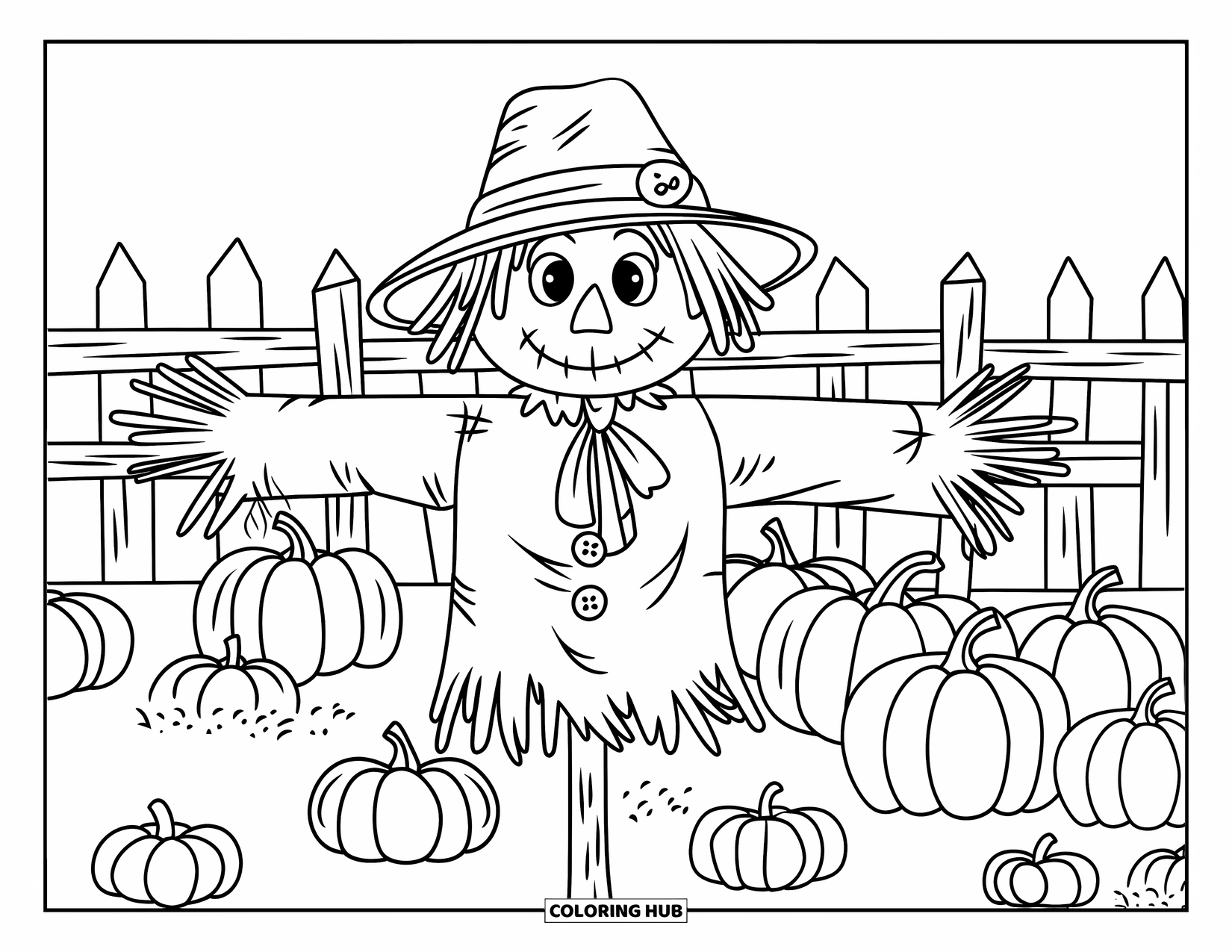 Desenho de Halloween para colorir para crianças: Um espantalho segurando um forcado está entre abóboras perto de uma velha cerca de madeira