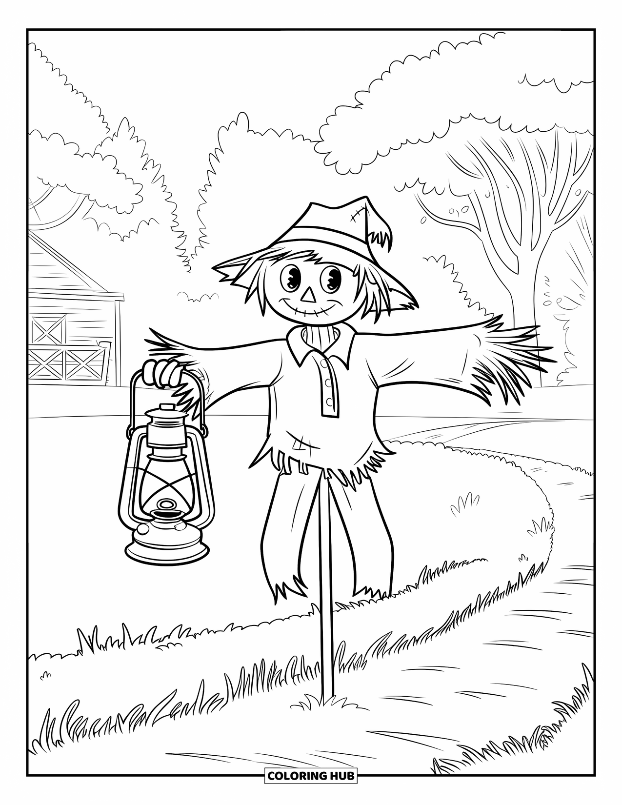 Desenho de Halloween para colorir para crianças: Um espantalho com um chapéu gasto está em um campo enevoado cercado por árvores e um caminho sinuoso