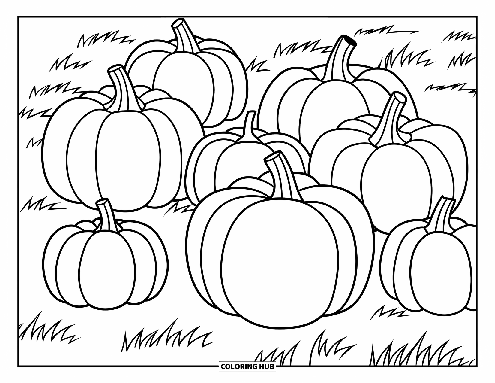 Desenho de Halloween para colorir para crianças: Um espantalho vigia um canteiro cheio de abóboras sob um céu claro de outono