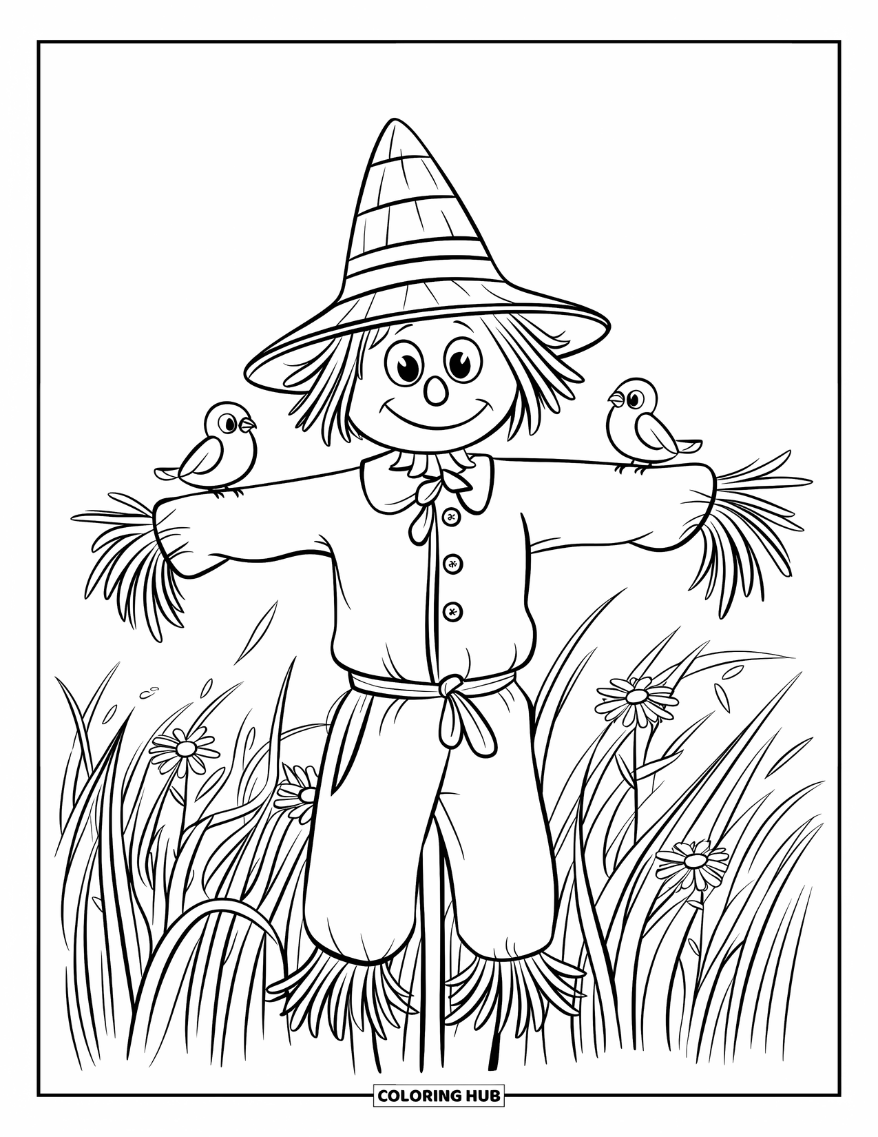 Desenho de Halloween para colorir para crianças: Um espantalho com pequenos pássaros empoleirados em seus braços observa o campo com um sorriso