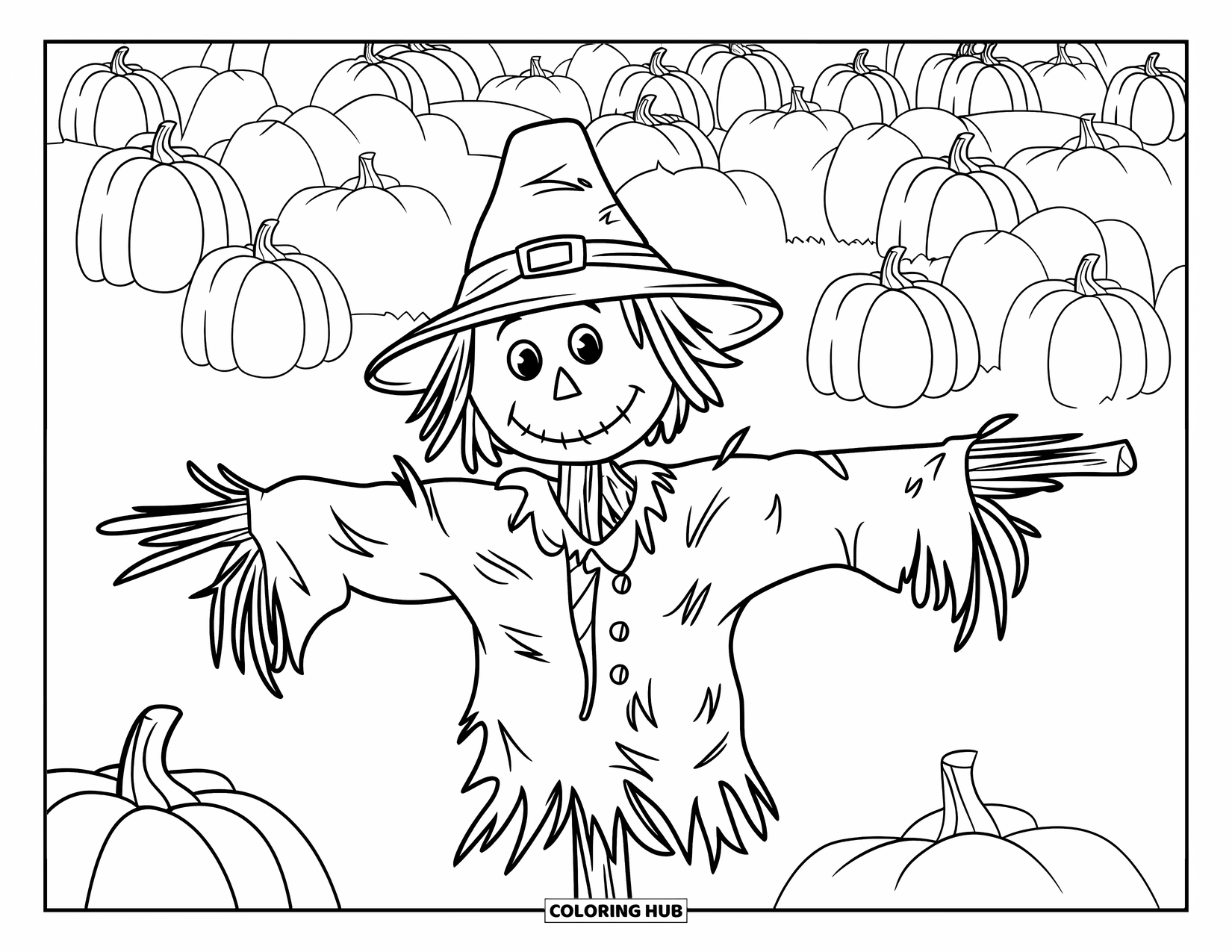 Desenho de Halloween para colorir para crianças: Um espantalho com roupas esfarrapadas está entre abóboras, usando um chapéu de palha e um sorriso