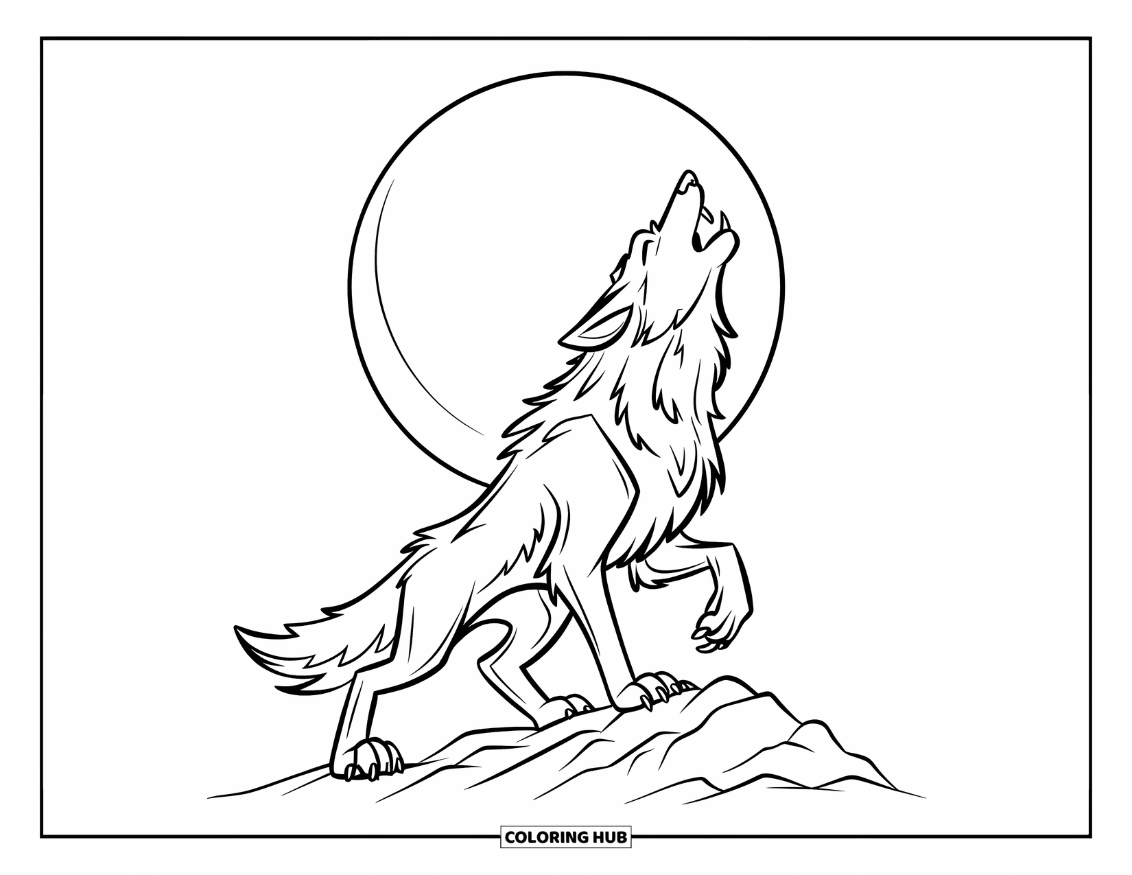 Desenho de Halloween para colorir para crianças: Um lobisomem peludo levanta a cabeça para o céu, seu uivo ecoando pela floresta
