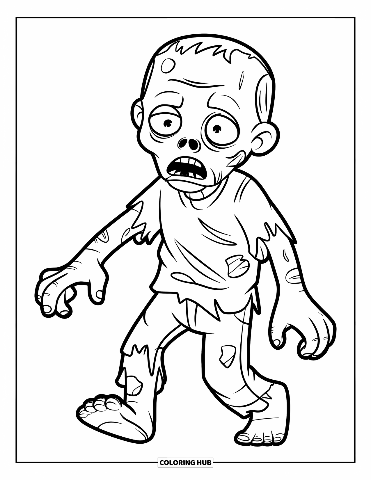 Desenho de Halloween para crianças: Um zumbi bobo com uma cabeça redonda e camisa rasgada caminha para frente com uma expressão feliz