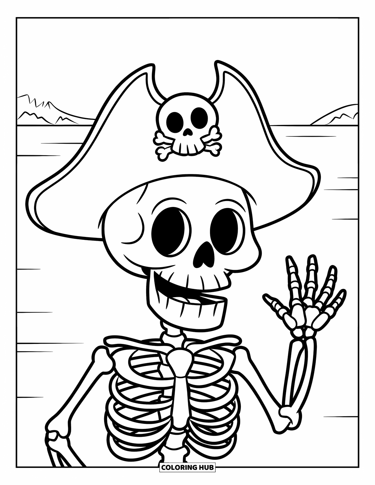 Desenho de Halloween para colorir para crianças: Um esqueleto com um chapéu de pirata ri enquanto se equilibra em uma prancha de madeira