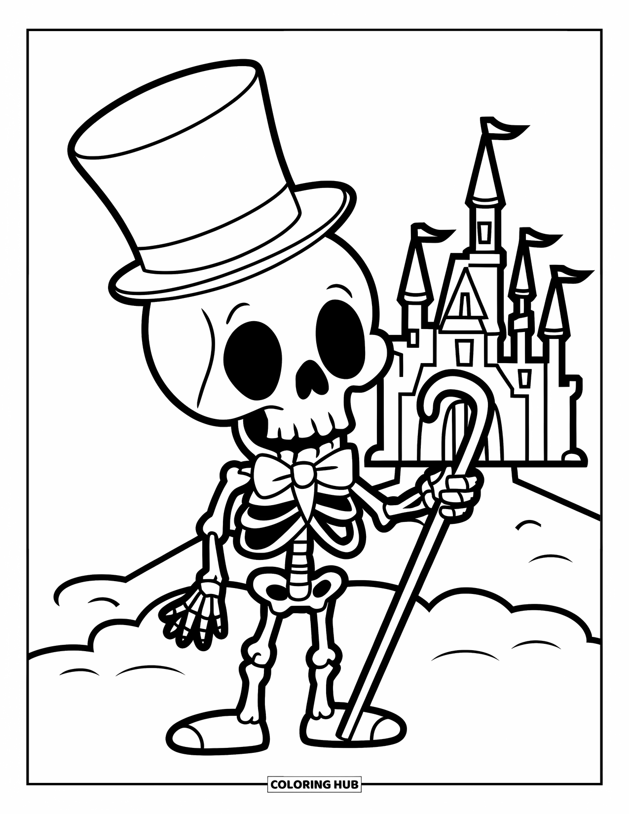 Desenho de Halloween para colorir para crianças: Um esqueleto de cartola se apoia em uma bengala, em pé com confiança em um pedestal de pedra