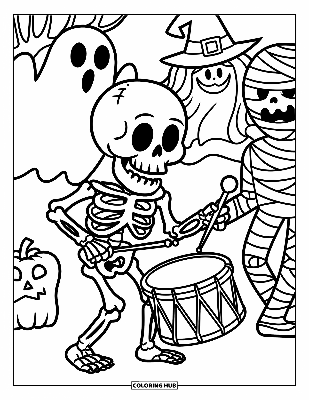 Desenho de Halloween para colorir para crianças: Um esqueleto toca um pequeno tambor em um desfile animado de Halloween com fantasmas e bruxas