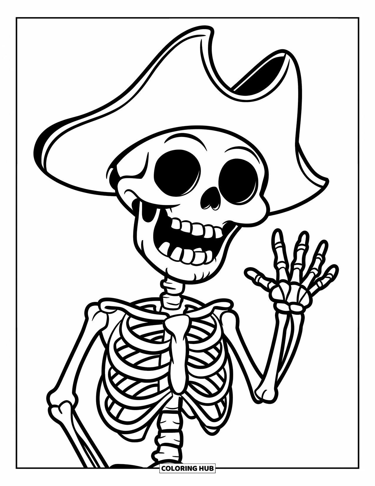 Desenho de Halloween para crianças: Um esqueleto usando um chapéu de pirata acena alegremente com um sorriso cheio de dentes