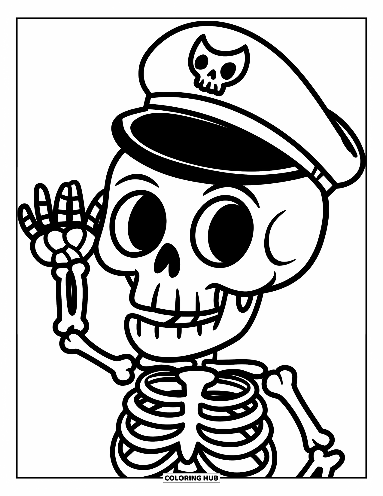 Desenho de Halloween para colorir para crianças: Um esqueleto com um chapéu de capitão de aba larga saúda com uma mão ossuda