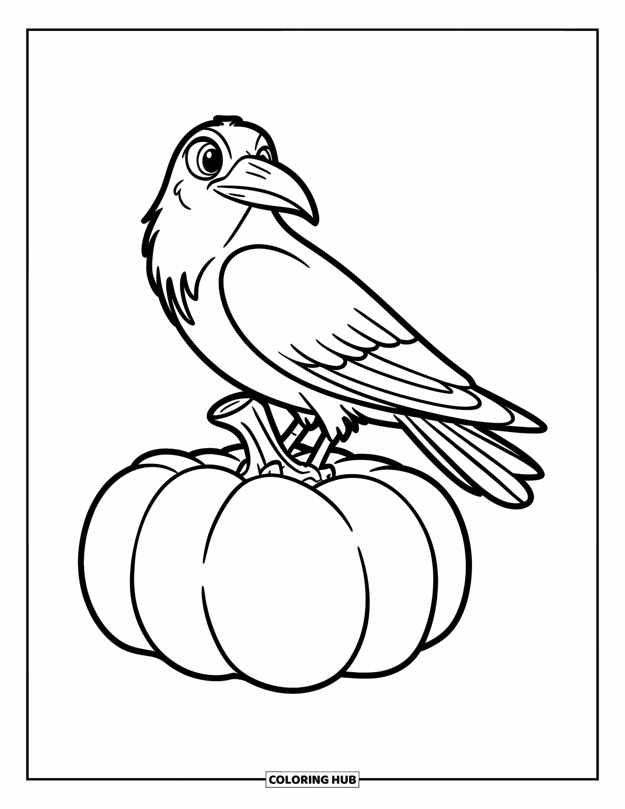 Desenho de Halloween para colorir para crianças: Um pequeno corvo empoleira-se em uma abóbora, inclinando a cabeça curiosamente