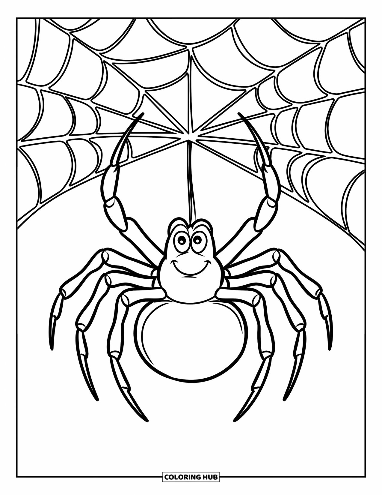 Desenho de Halloween para colorir para crianças: Uma pequena aranha com olhos redondos pende de um delicado fio de teia